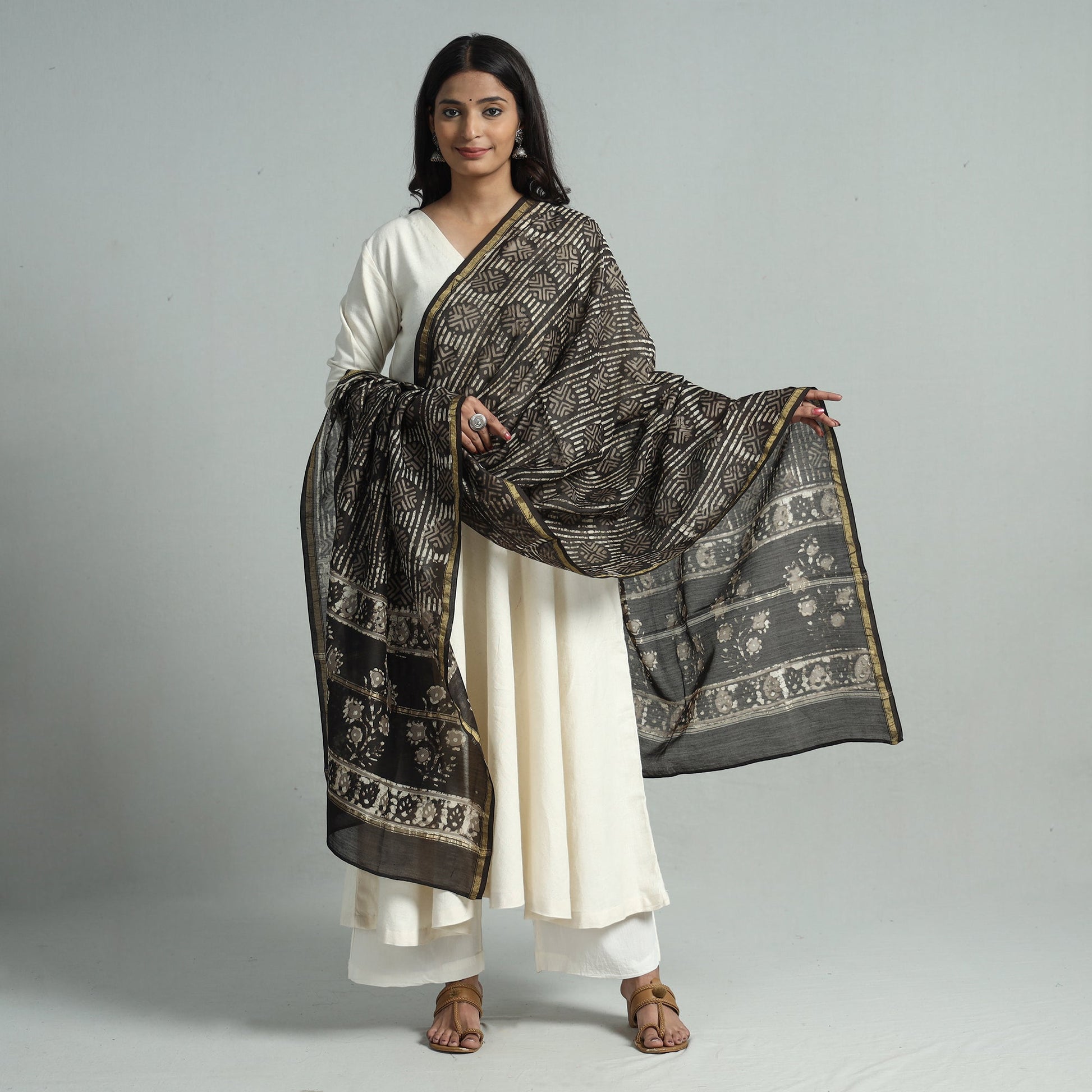Brown - Pipad Block Printed Chanderi Silk Handloom Dupatta 36