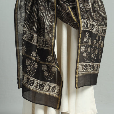 Brown - Pipad Block Printed Chanderi Silk Handloom Dupatta 36