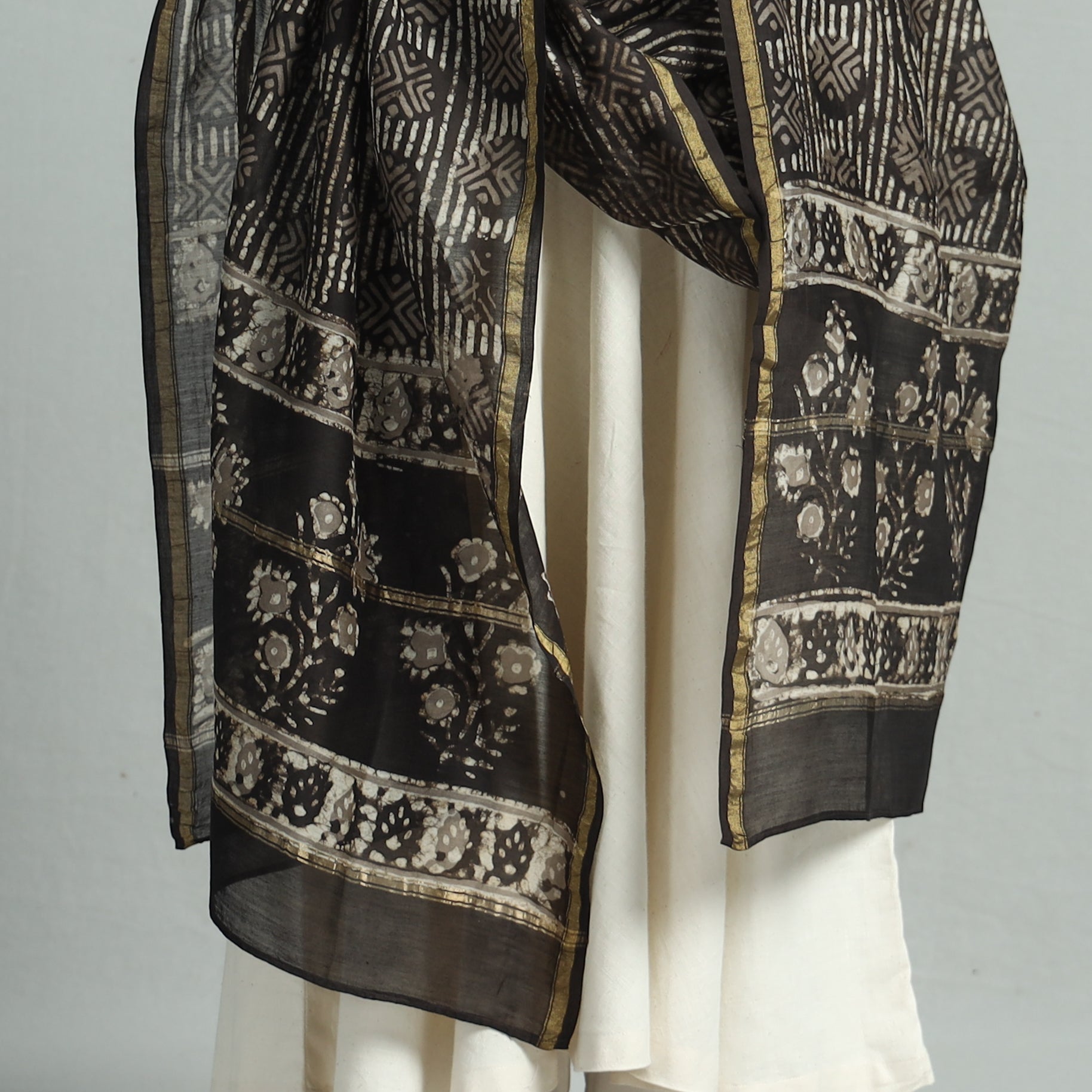 Brown - Pipad Block Printed Chanderi Silk Handloom Dupatta 36