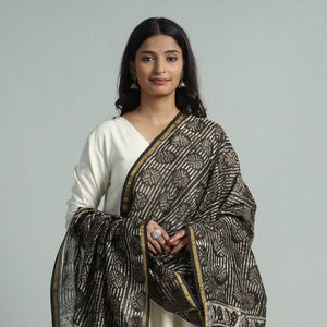 Brown - Pipad Block Printed Chanderi Silk Handloom Dupatta 36