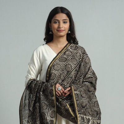 Brown - Pipad Block Printed Chanderi Silk Handloom Dupatta 36