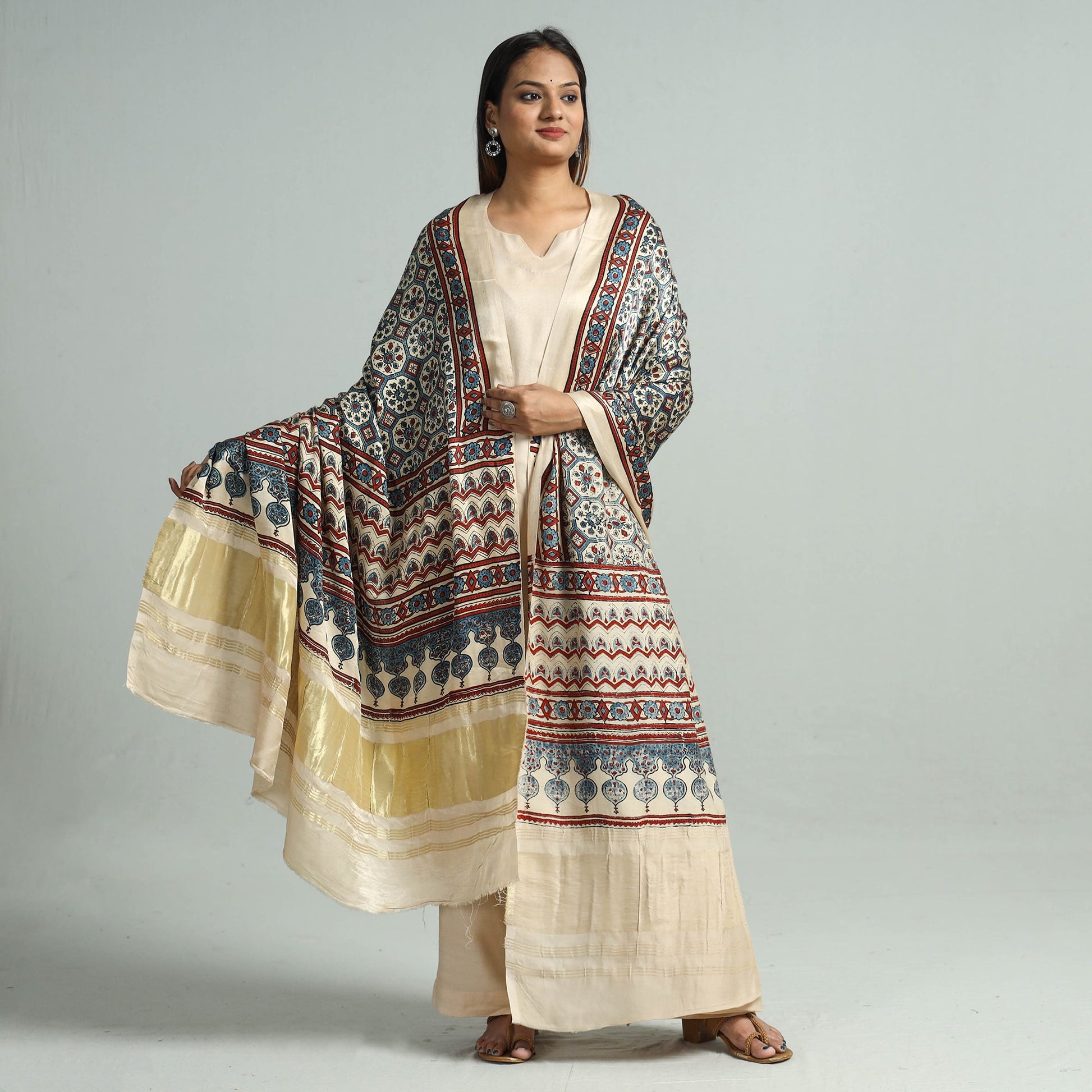 Beige - Modal Silk Block Print Ajrakh Dupatta 121