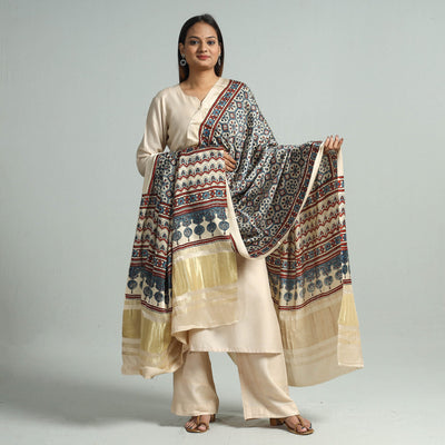 Beige - Modal Silk Block Print Ajrakh Dupatta 121