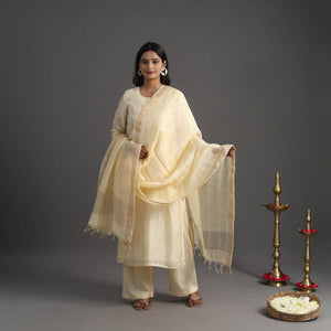 Beige - Elegant Linen Silk Handloom Plain Kurta Set 09