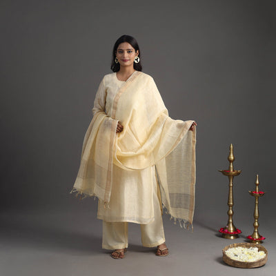 Beige - Elegant Linen Silk Handloom Plain Kurta Set 09