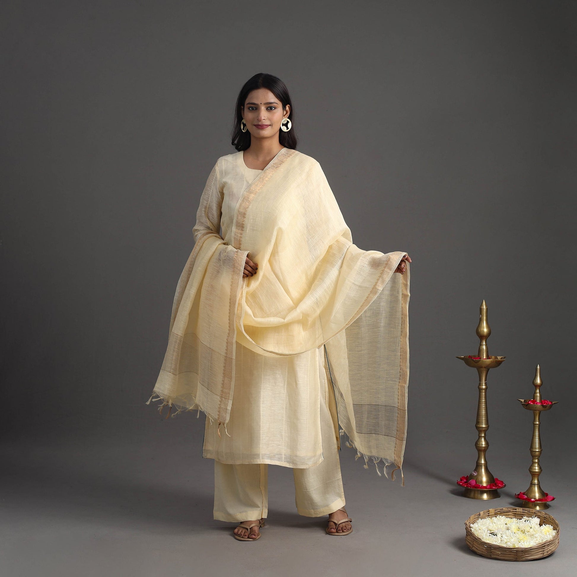 Beige - Elegant Linen Silk Handloom Plain Kurta Set 09