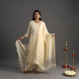 Beige - Elegant Linen Silk Handloom Plain Kurta Set 09
