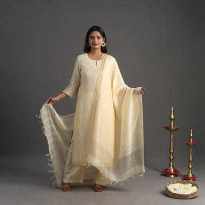 Beige - Elegant Linen Silk Handloom Plain Kurta Set 09