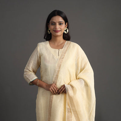 Beige - Elegant Linen Silk Handloom Plain Kurta Set 09