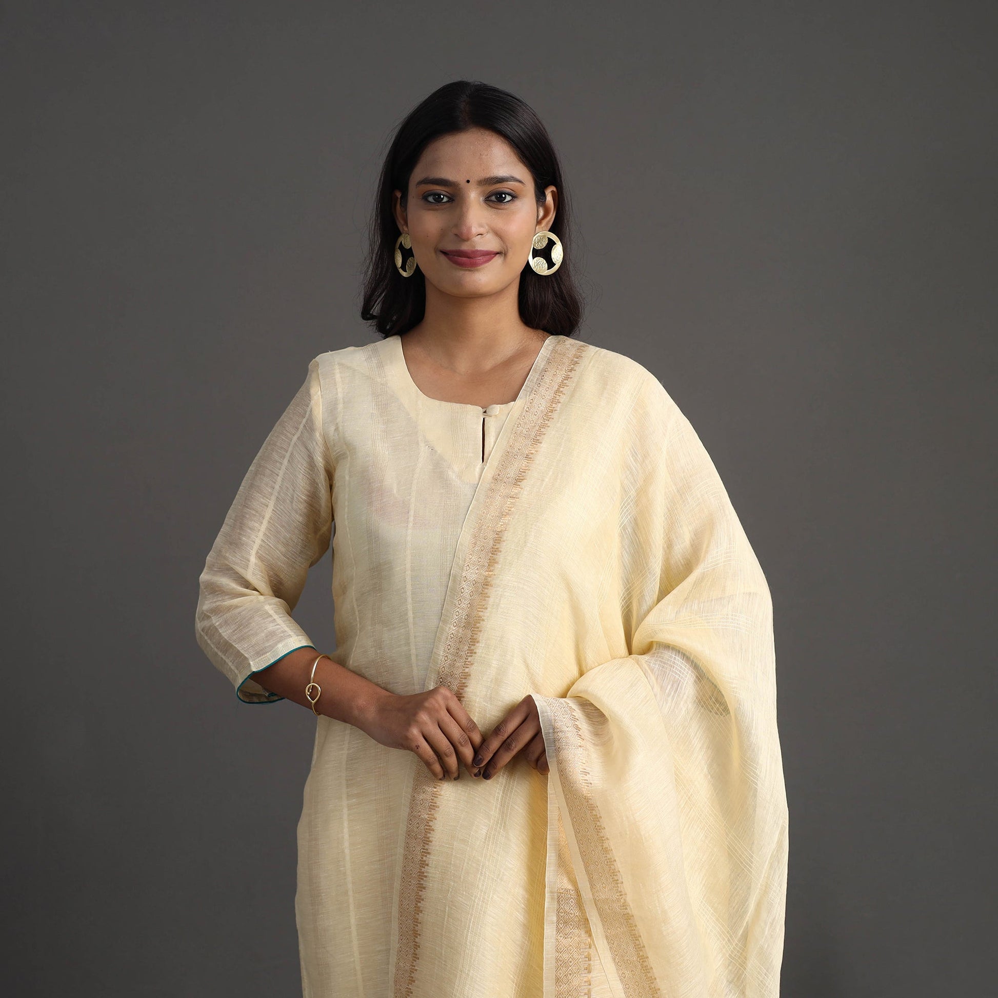 Beige - Elegant Linen Silk Handloom Plain Kurta Set 09