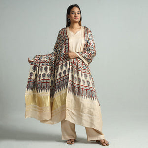 Beige - Modal Silk Block Print Ajrakh Dupatta 126