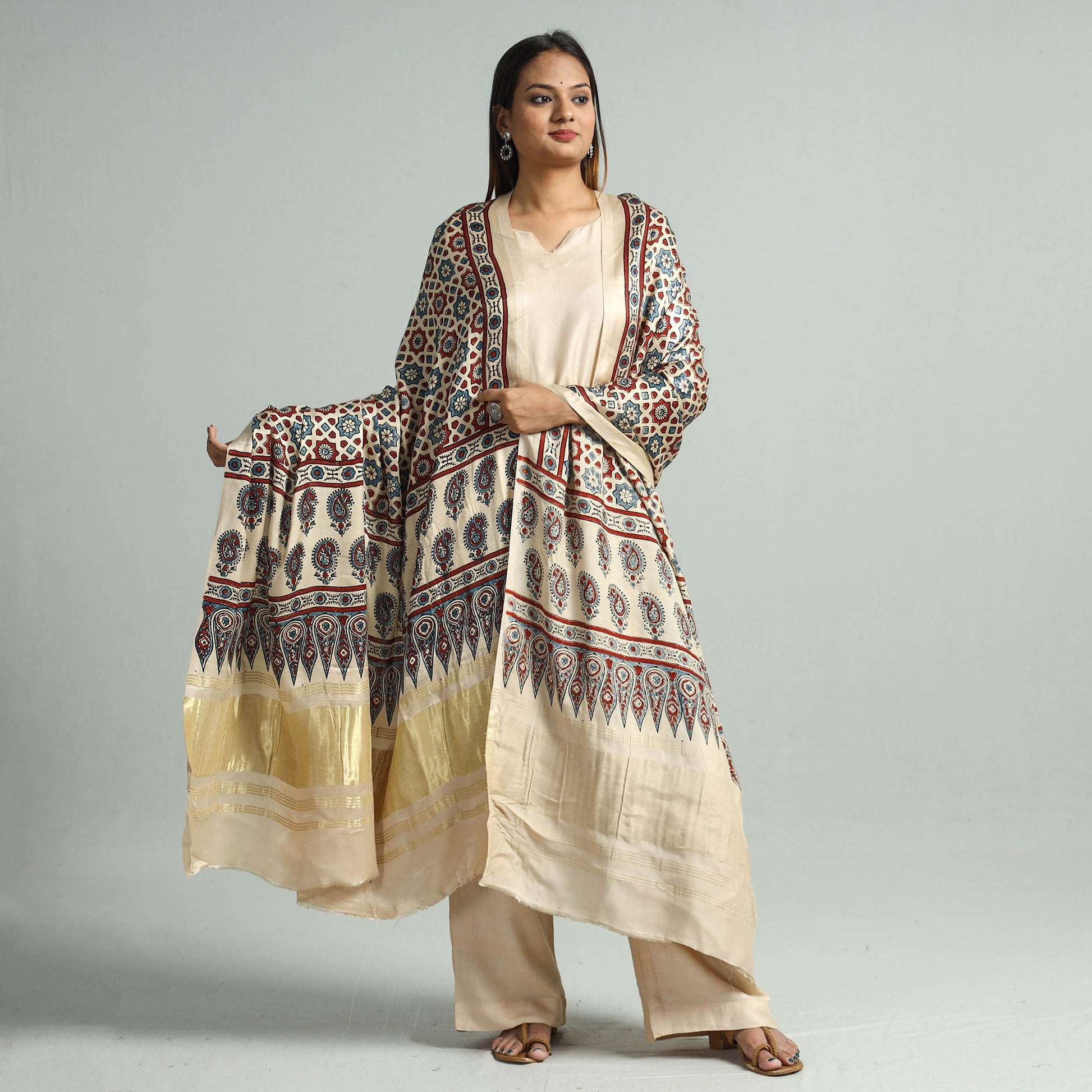 Beige - Modal Silk Block Print Ajrakh Dupatta 126
