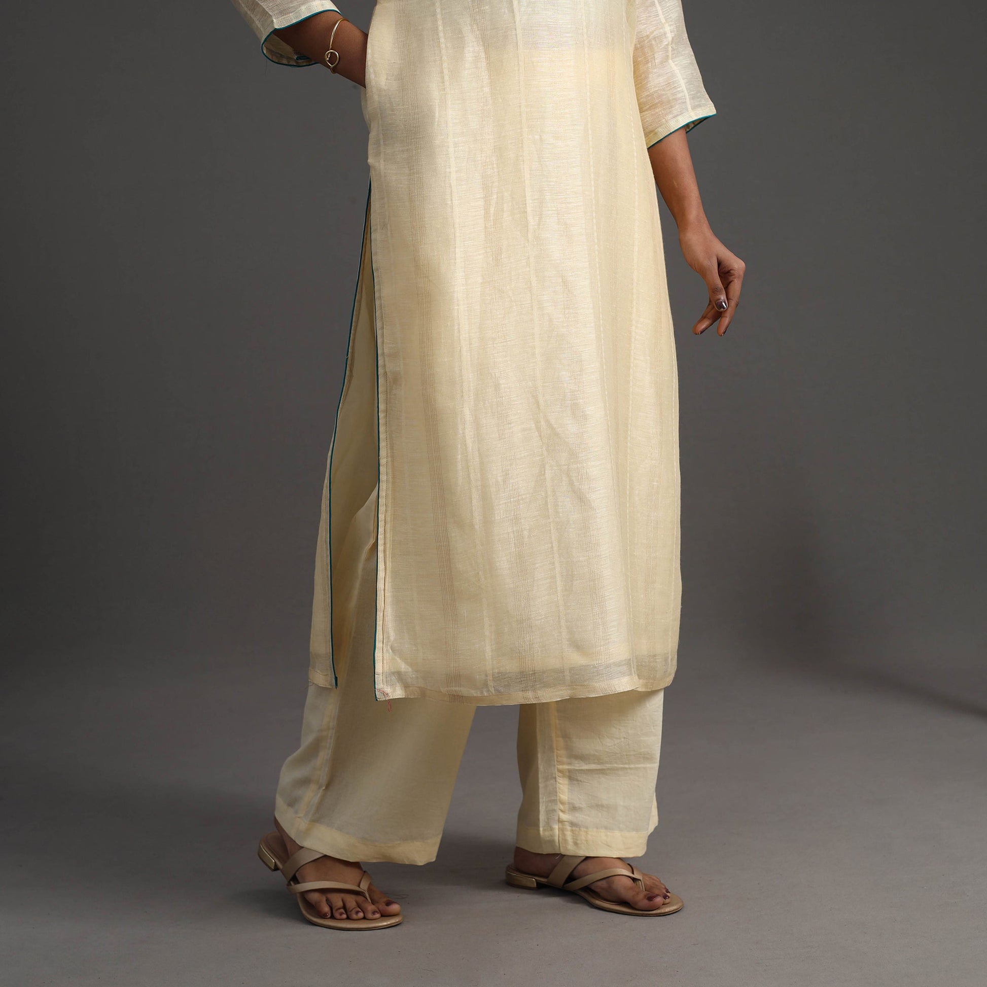 Beige - Elegant Linen Silk Handloom Plain Kurta Set 09