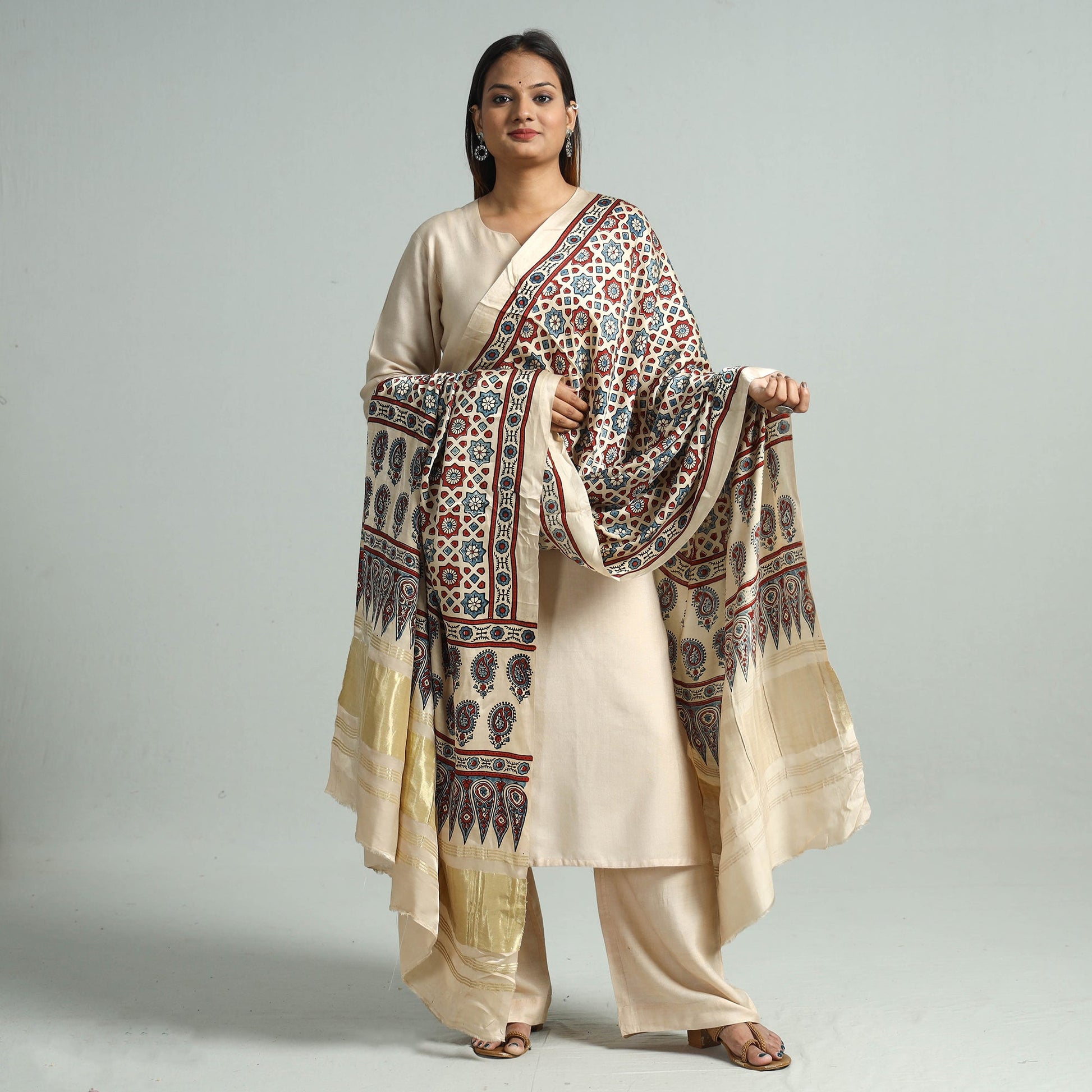 Beige - Modal Silk Block Print Ajrakh Dupatta 126