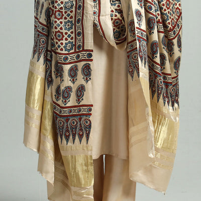 Beige - Modal Silk Block Print Ajrakh Dupatta 126