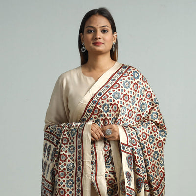Beige - Modal Silk Block Print Ajrakh Dupatta 126