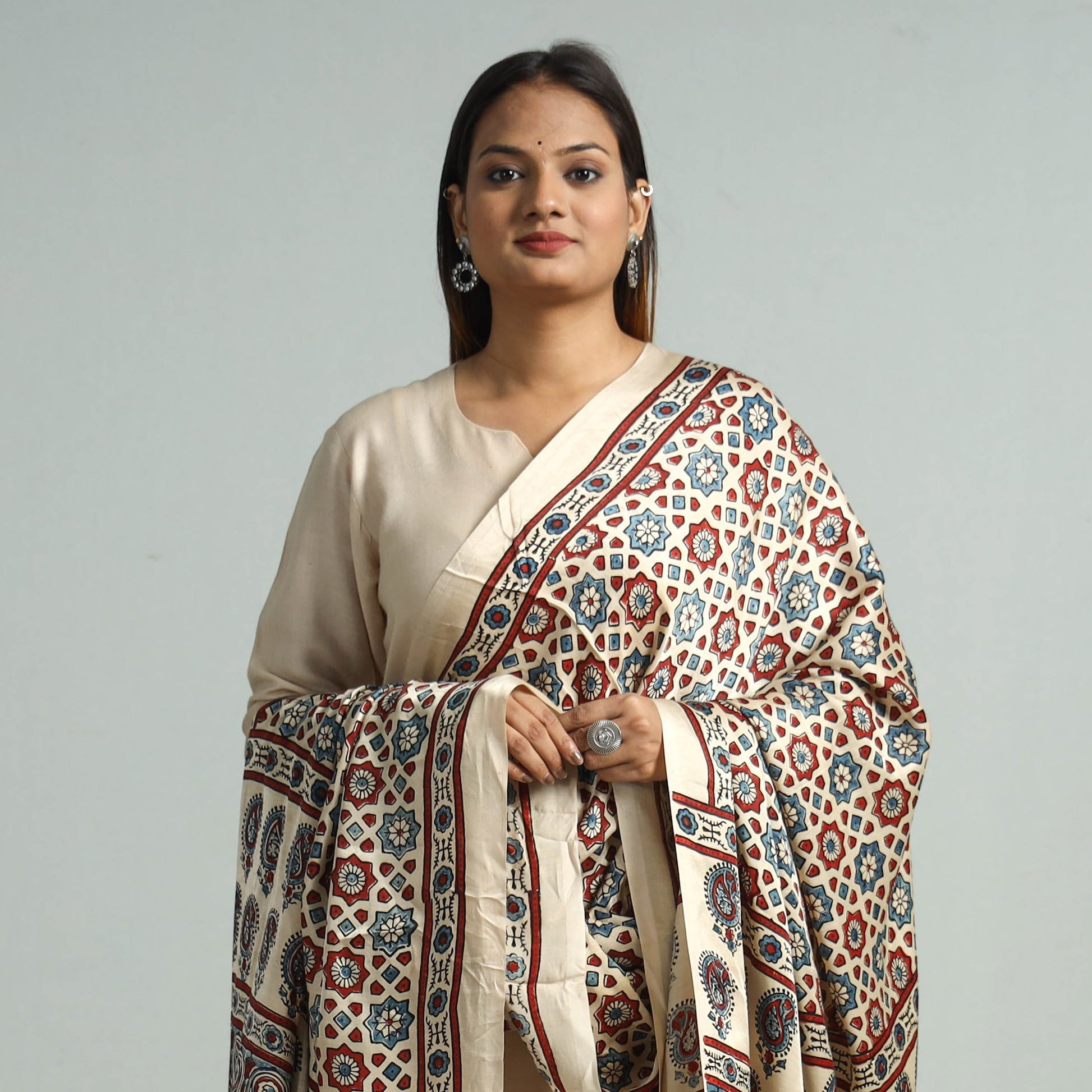 Beige - Modal Silk Block Print Ajrakh Dupatta 126