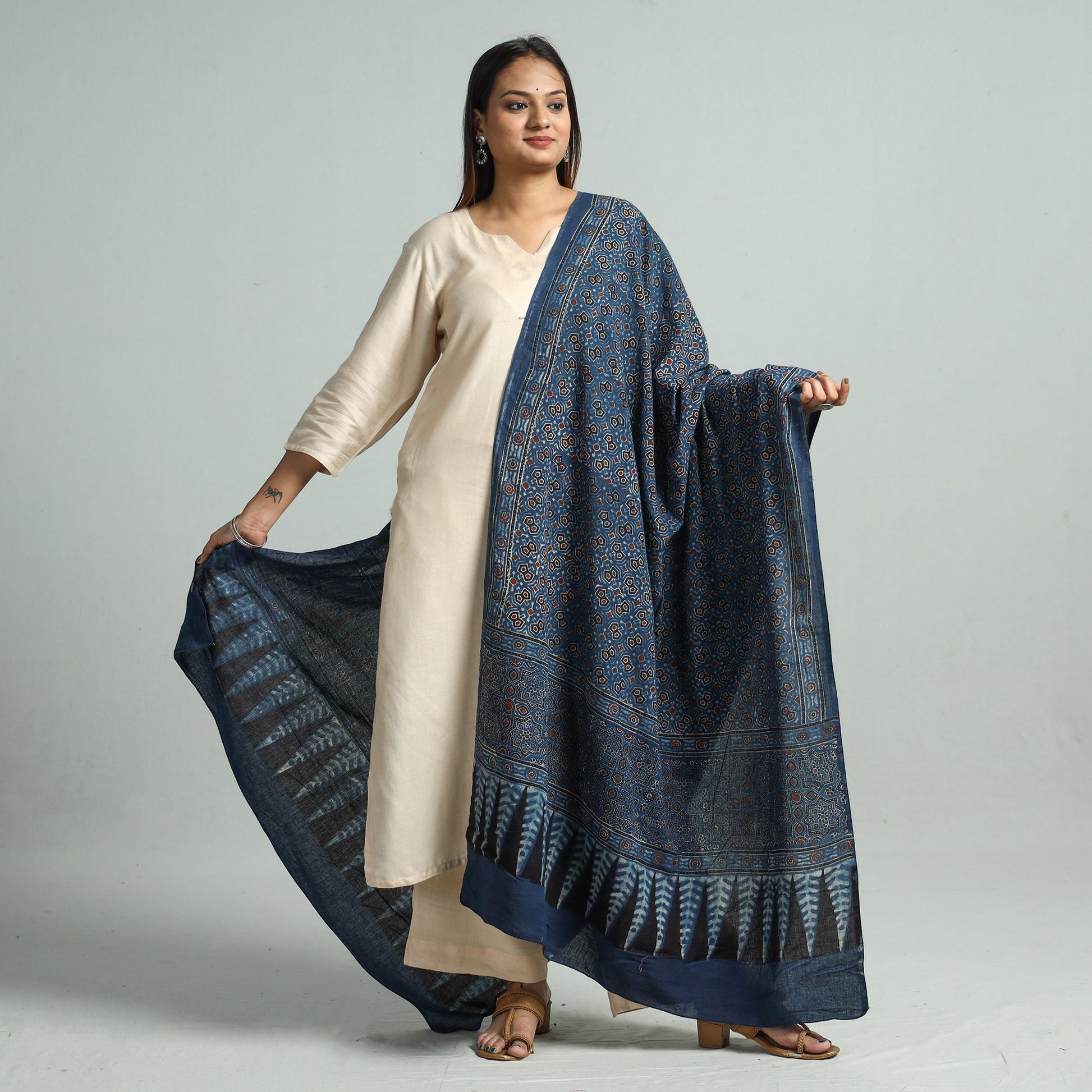 Blue - Hand Block Printed Cotton Ajrakh Dupatta 128