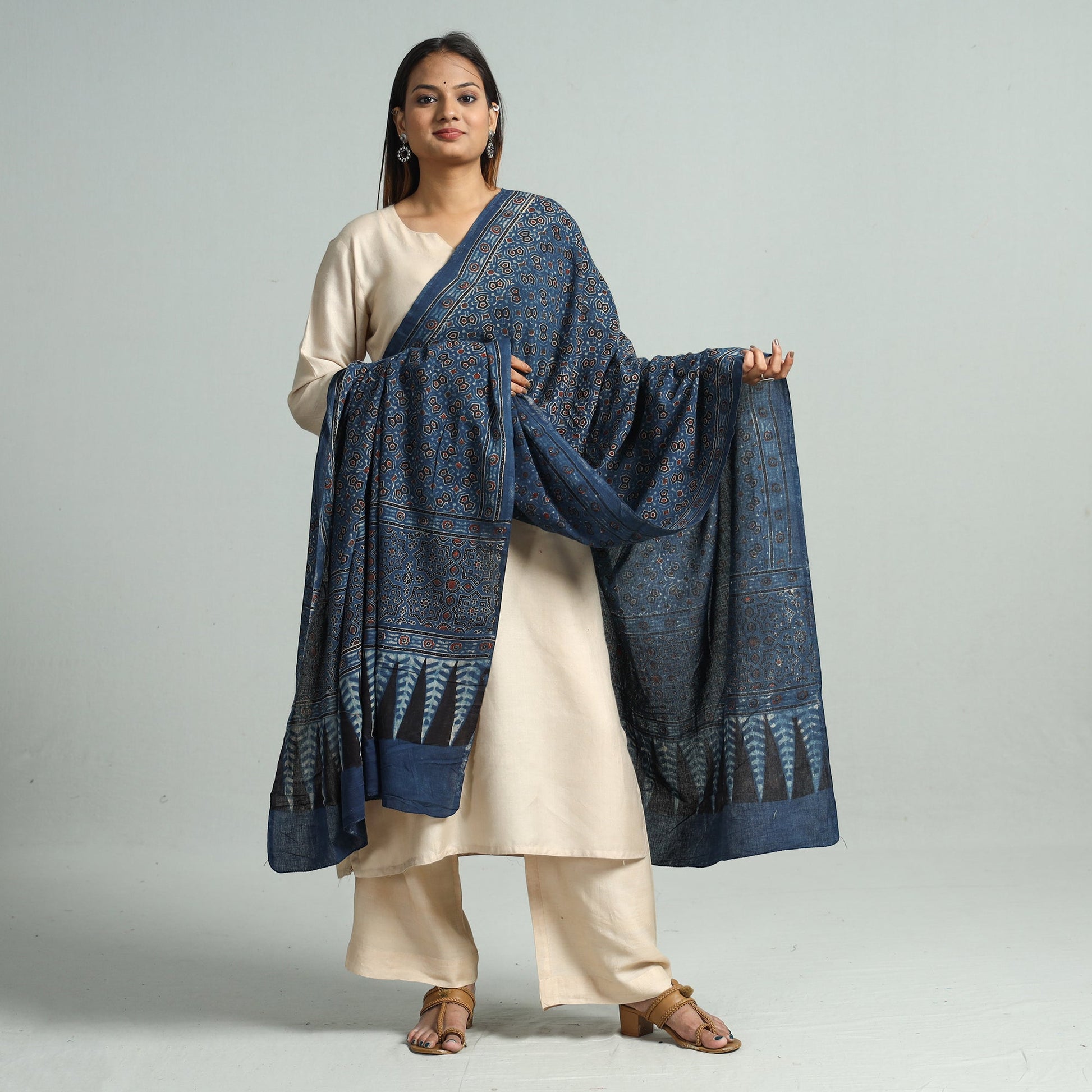 Blue - Hand Block Printed Cotton Ajrakh Dupatta 128