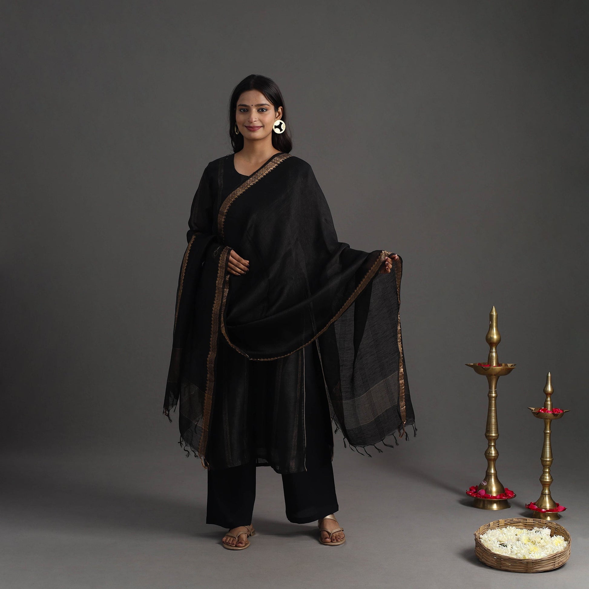 Black - Elegant Linen Silk Handloom Plain Kurta Set 04