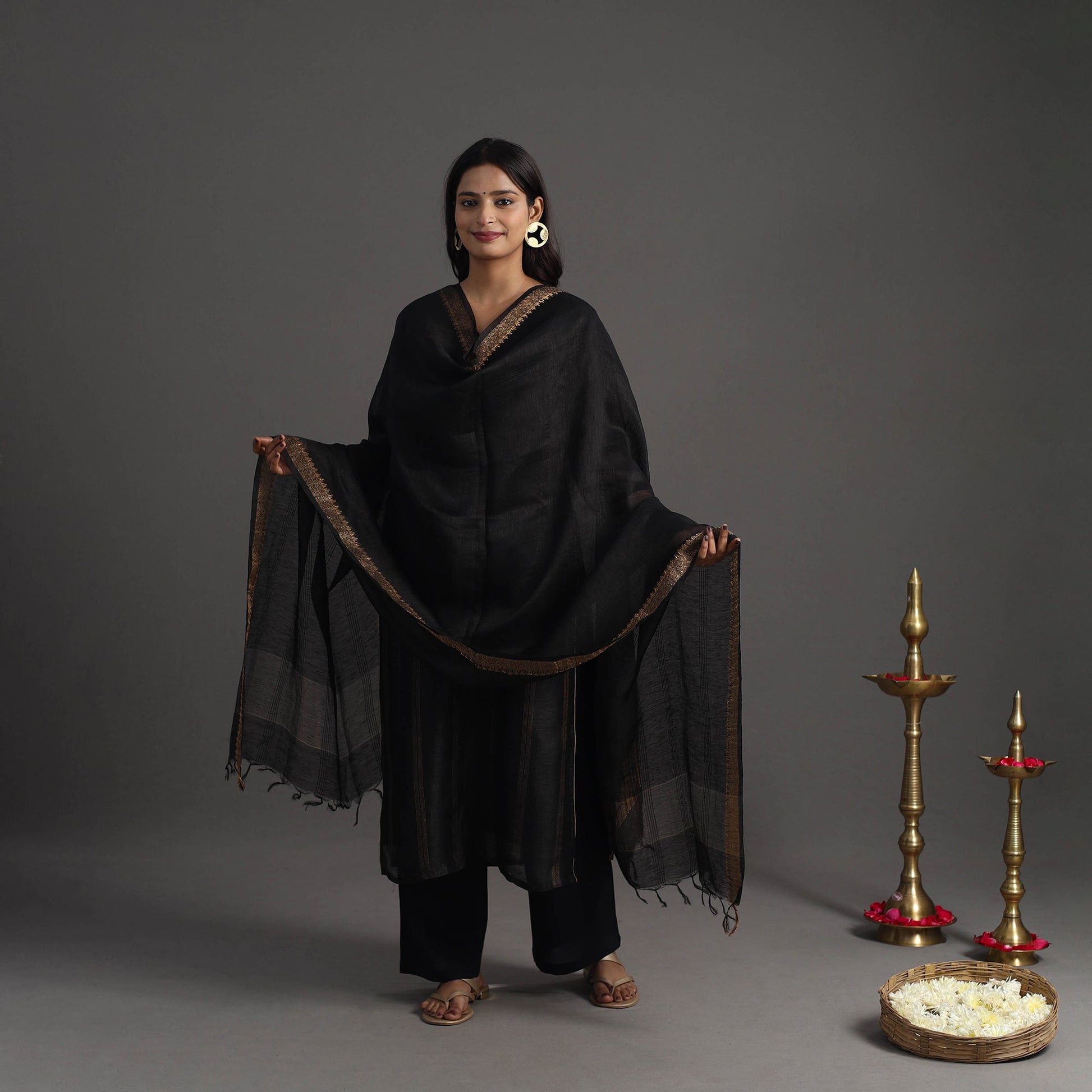 Black - Elegant Linen Silk Handloom Plain Kurta Set 04