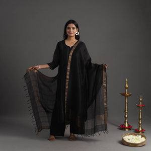 Black - Elegant Linen Silk Handloom Plain Kurta Set 04