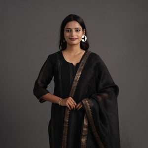 Black - Elegant Linen Silk Handloom Plain Kurta Set 04