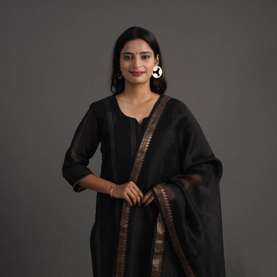 Black - Elegant Linen Silk Handloom Plain Kurta Set 04