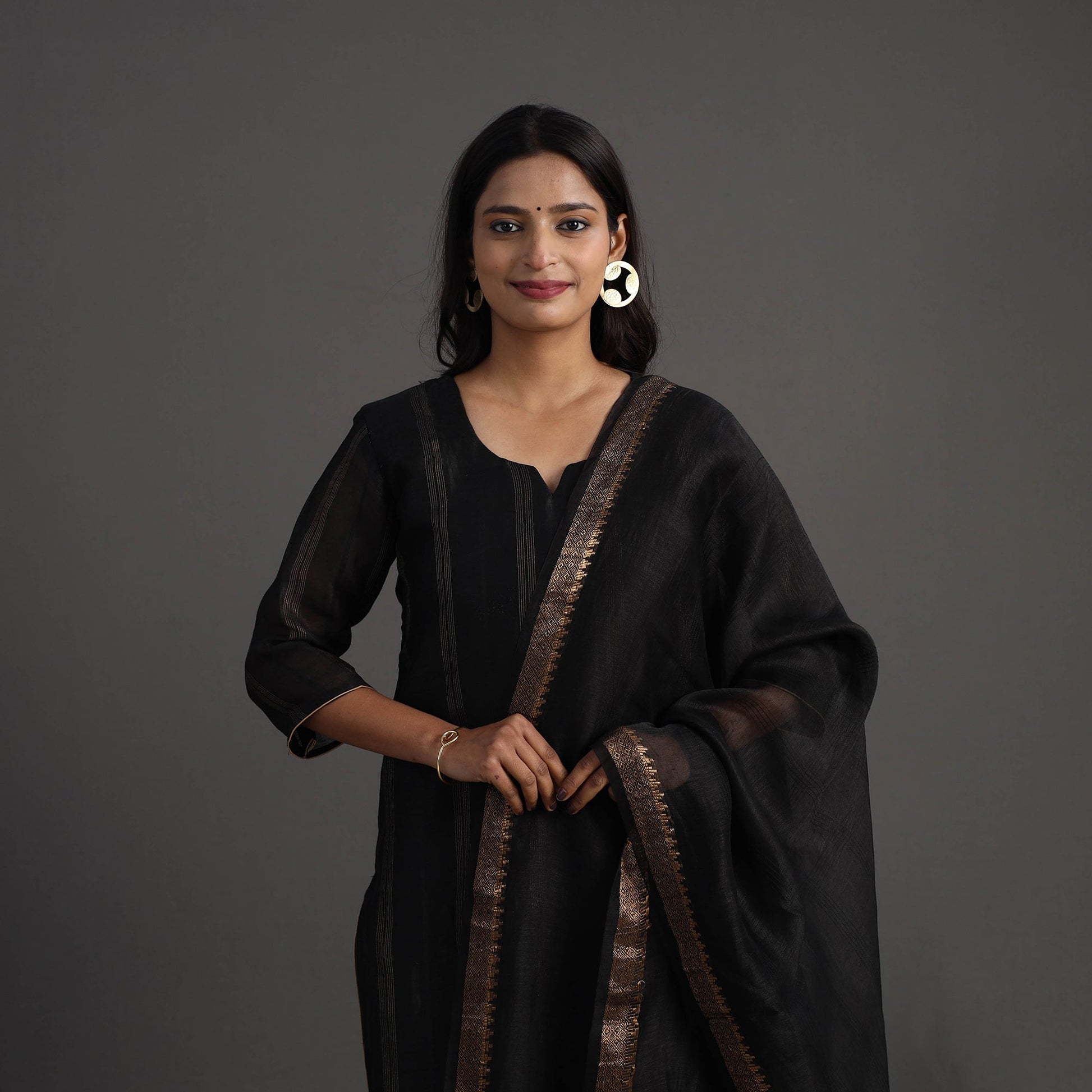 Black - Elegant Linen Silk Handloom Plain Kurta Set 04