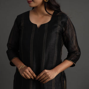 Black - Elegant Linen Silk Handloom Plain Kurta Set 04