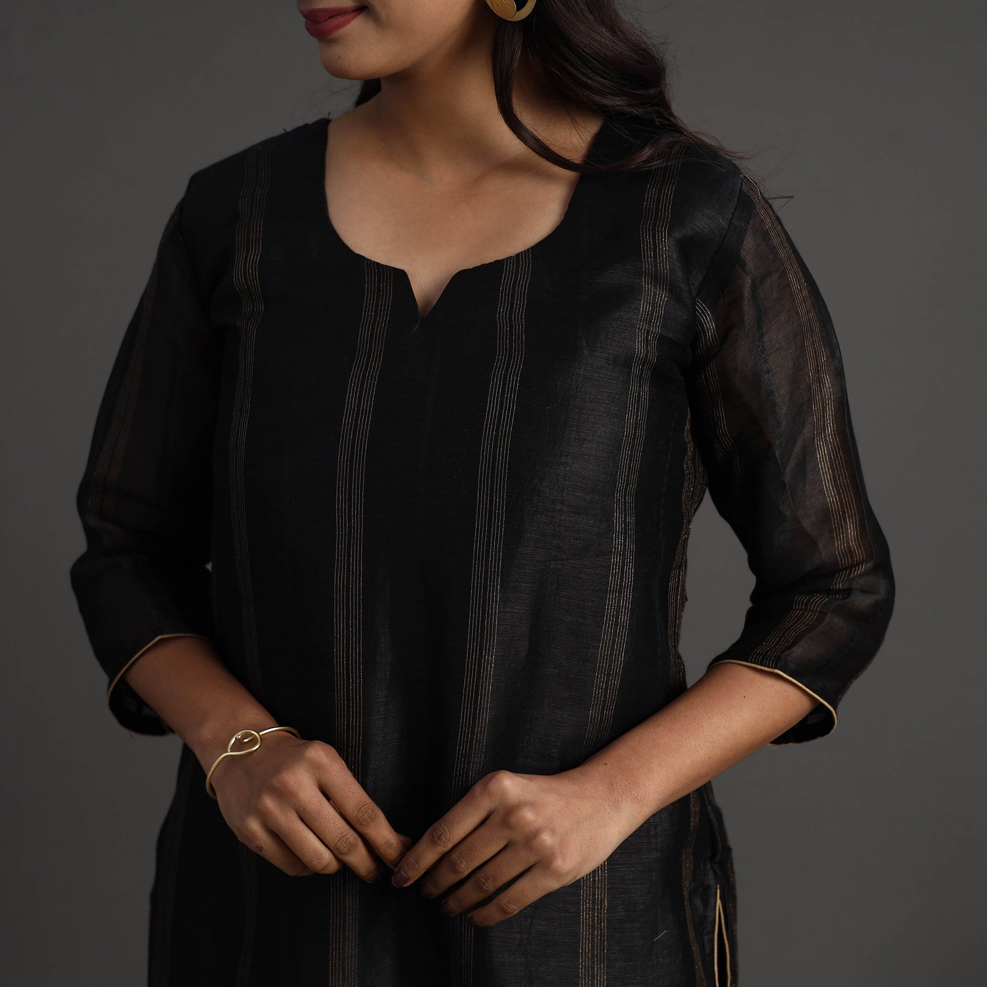 Black - Elegant Linen Silk Handloom Plain Kurta Set 04