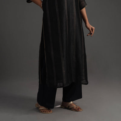 Black - Elegant Linen Silk Handloom Plain Kurta Set 04