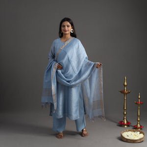 Blue - Elegant Linen Silk Handloom Plain Kurta Set 06