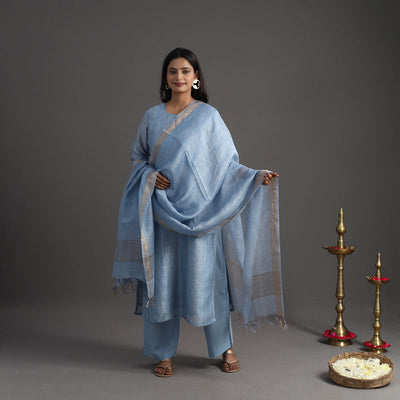Blue - Elegant Linen Silk Handloom Plain Kurta Set 06