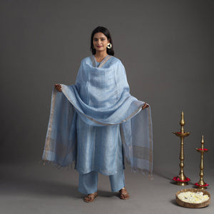 Blue - Elegant Linen Silk Handloom Plain Kurta Set 06