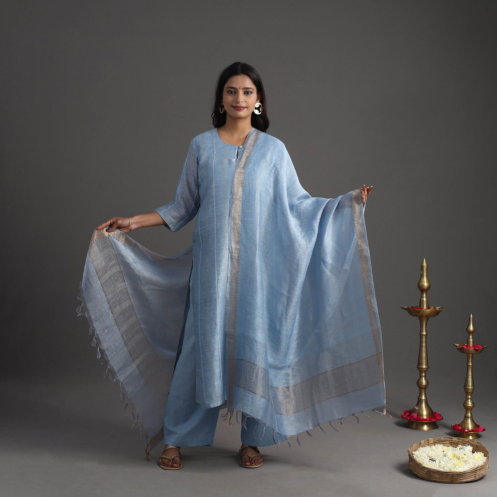 Blue - Elegant Linen Silk Handloom Plain Kurta Set 06