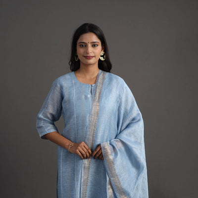 Blue - Elegant Linen Silk Handloom Plain Kurta Set 06