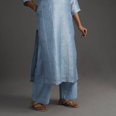 Blue - Elegant Linen Silk Handloom Plain Kurta Set 06