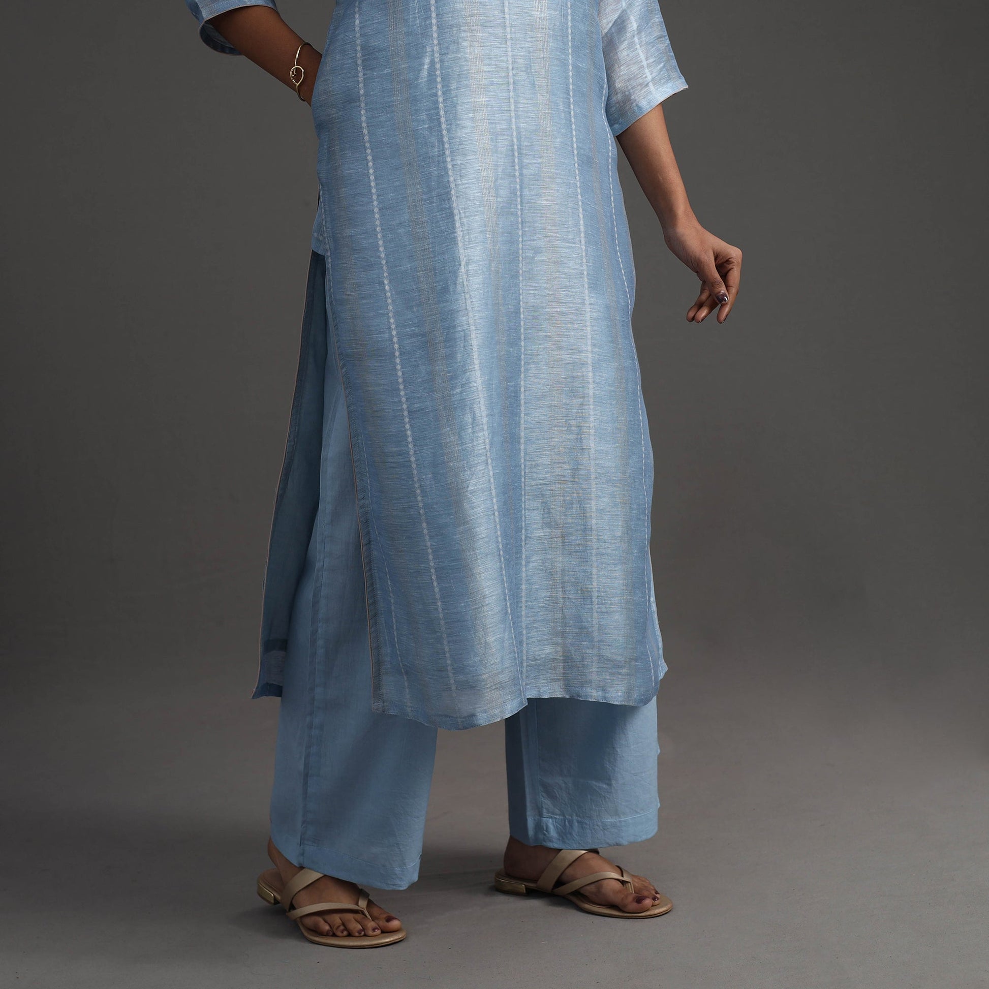 Blue - Elegant Linen Silk Handloom Plain Kurta Set 06