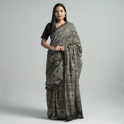 Brown - Natural Dyed Block Print Mul Cotton Ajrakh Saree