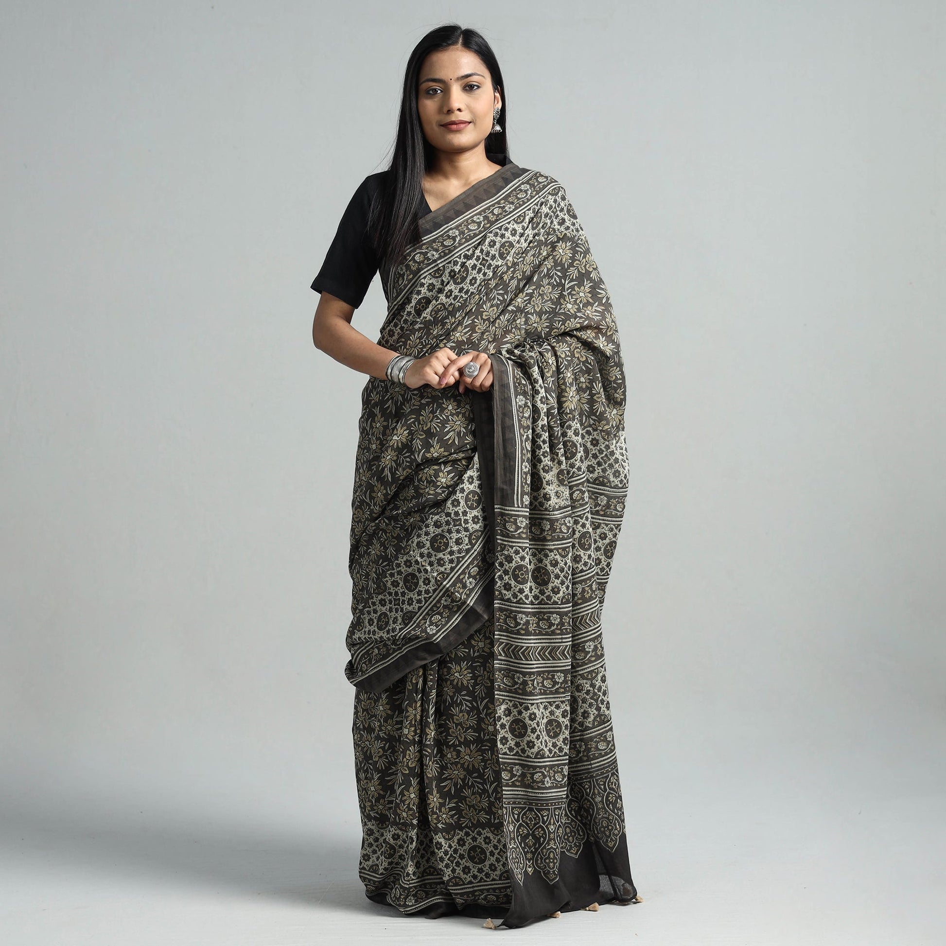Brown - Natural Dyed Block Print Mul Cotton Ajrakh Saree