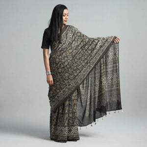 Brown - Natural Dyed Block Print Mul Cotton Ajrakh Saree
