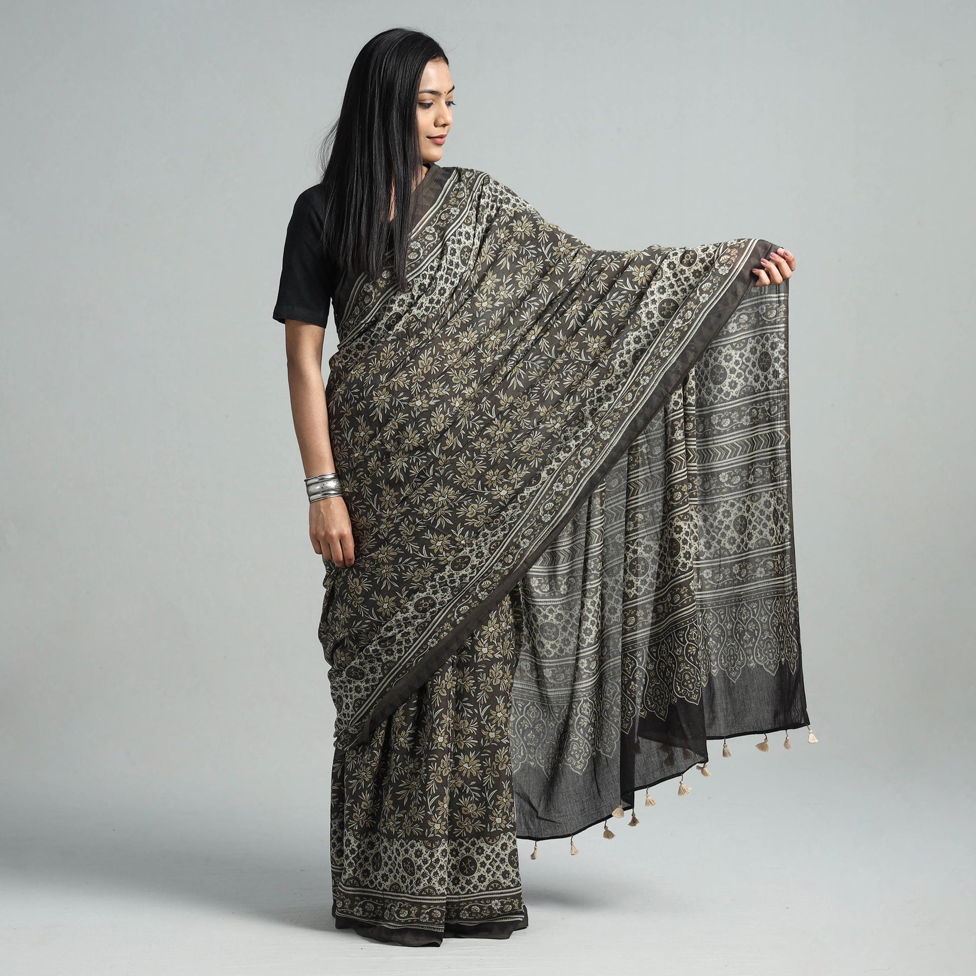 Brown - Natural Dyed Block Print Mul Cotton Ajrakh Saree