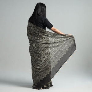 Brown - Natural Dyed Block Print Mul Cotton Ajrakh Saree
