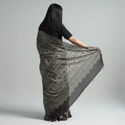 Brown - Natural Dyed Block Print Mul Cotton Ajrakh Saree