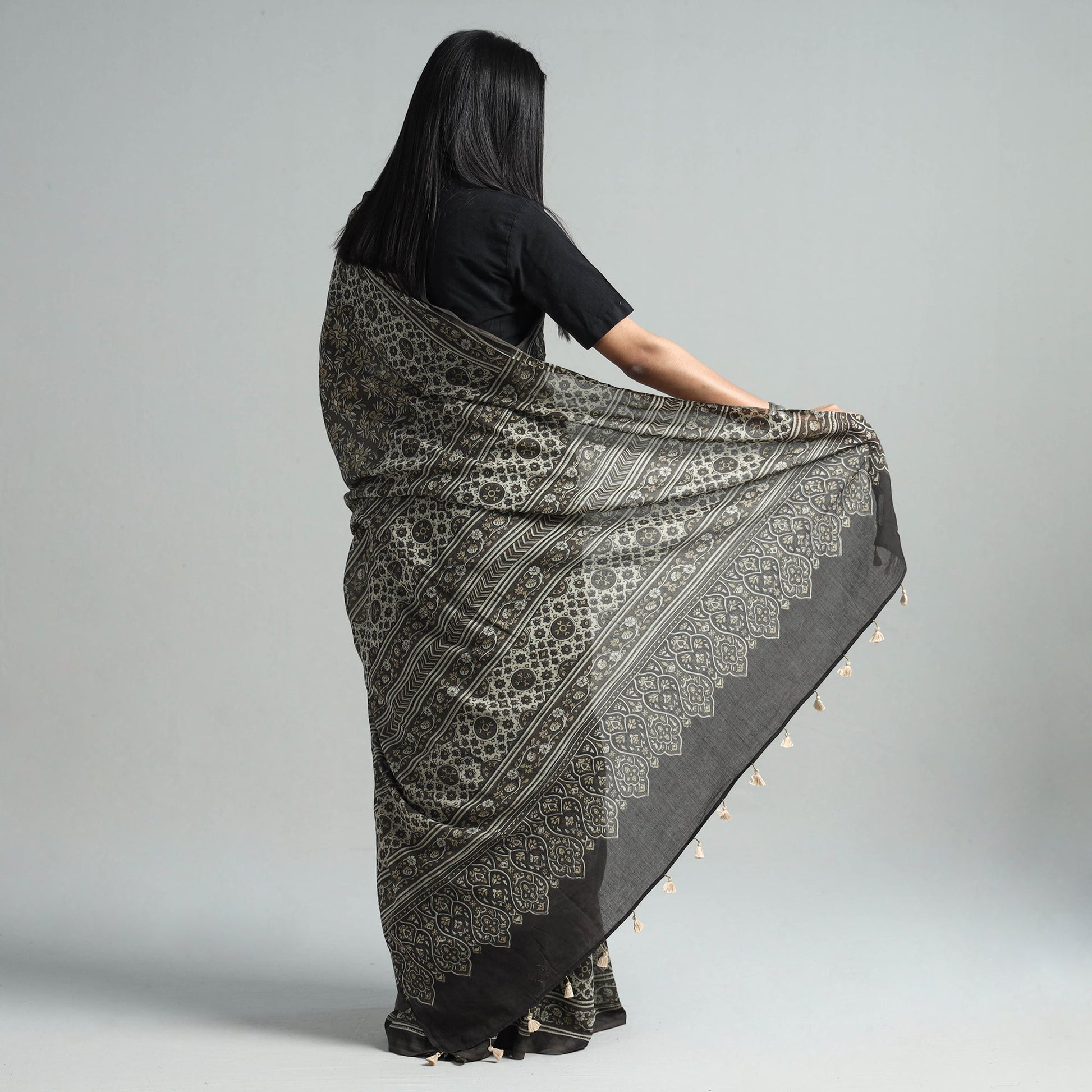 Brown - Natural Dyed Block Print Mul Cotton Ajrakh Saree