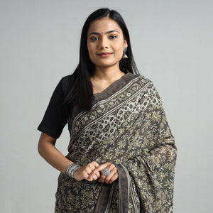 Brown - Natural Dyed Block Print Mul Cotton Ajrakh Saree