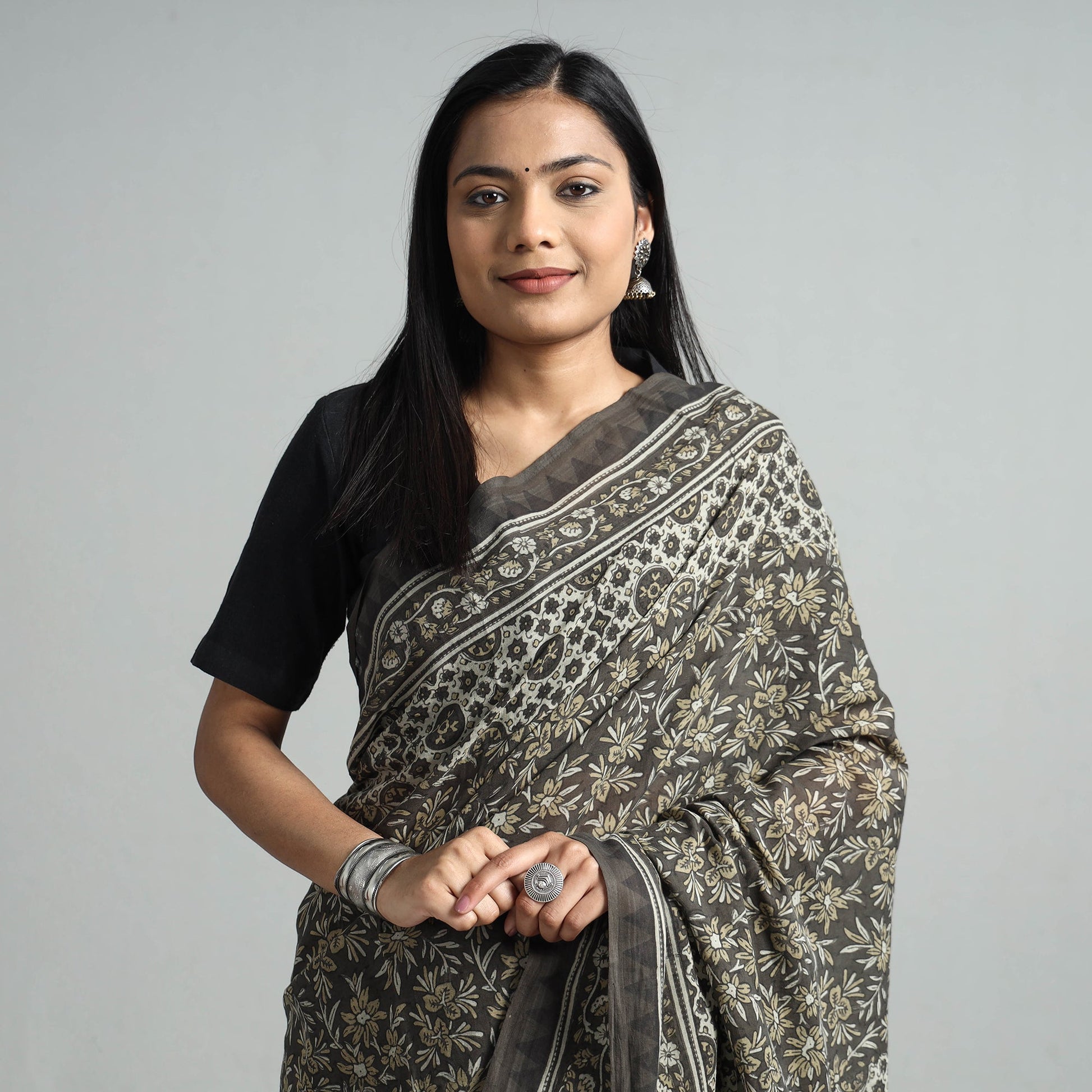 Brown - Natural Dyed Block Print Mul Cotton Ajrakh Saree