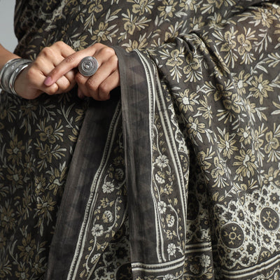 Brown - Natural Dyed Block Print Mul Cotton Ajrakh Saree
