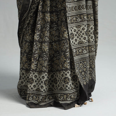 Brown - Natural Dyed Block Print Mul Cotton Ajrakh Saree